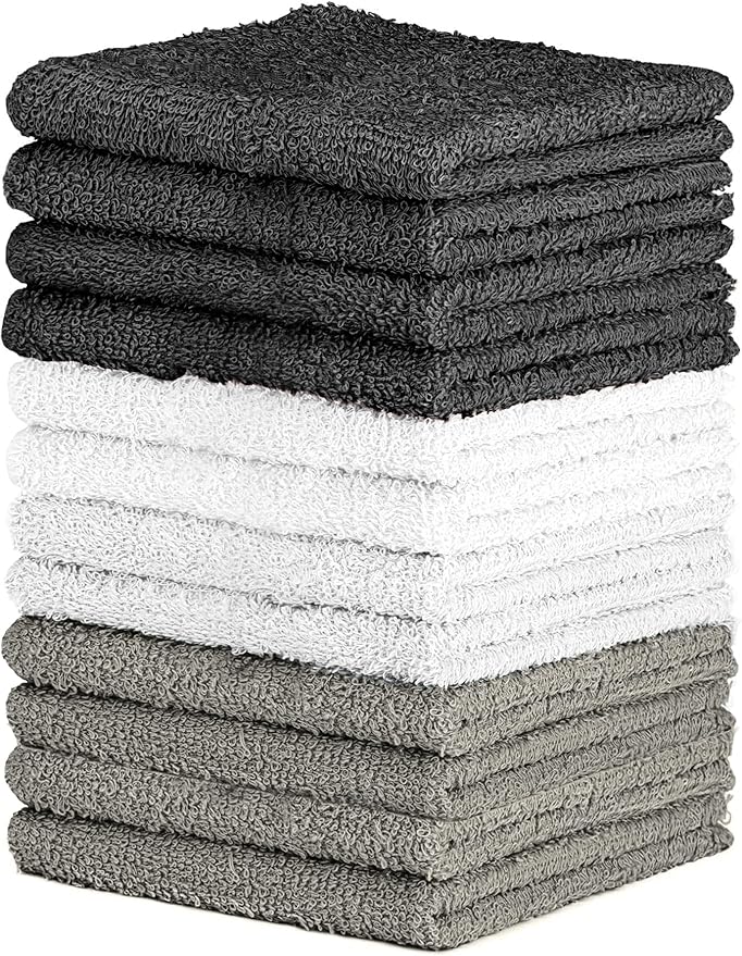 100% Cotton Washcloth Set – Soft, Absorbent Face Towels for Bathroom & Gym Use –Reusable, Durable & Machine Washable - Dark Grey, White & Light Grey, 12x12 Inches, Pack of 12
