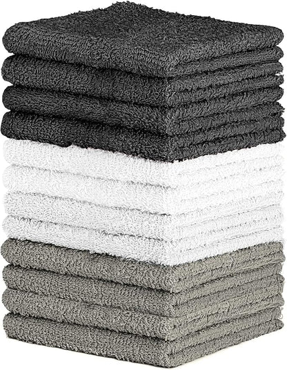 100% Cotton Washcloth Set – Soft, Absorbent Face Towels for Bathroom & Gym Use –Reusable, Durable & Machine Washable - Dark Grey, White & Light Grey, 12x12 Inches, Pack of 12