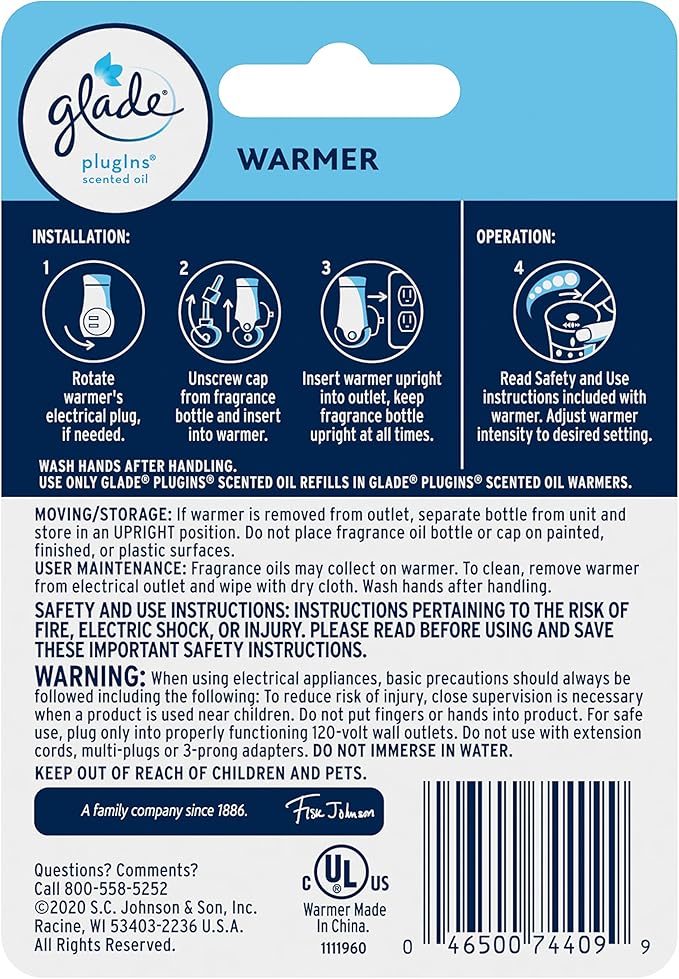 Glade PlugIns Air Freshener Warmer, Scented and Essential Oils for Home and Bathroom, Up to 50 Days on Low Setting