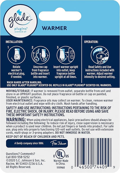 Glade PlugIns Air Freshener Warmer, Scented and Essential Oils for Home and Bathroom, Up to 50 Days on Low Setting