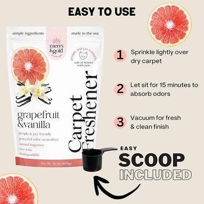 Merry & Gold Carpet Freshener & Deodorizer Powder - 31oz | Grapefruit Vanilla |Pet Odor Eliminator for Strong Odors | Safe in Homes with Pets | Made in USA | Natural Ingredients (Grapefruit & Vanilla)