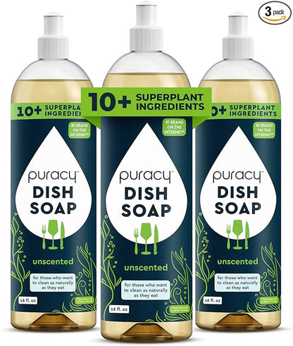 Puracy Natural Dish Soap Packs- Unscented Skin-Softening Plant-Based Dishwashing Soap, Non-Toxic Dish Soap, Fragance Free Organic Liquid Dishwashing Detergent Soap (Unscented, 16 fl oz, 3 Pack)