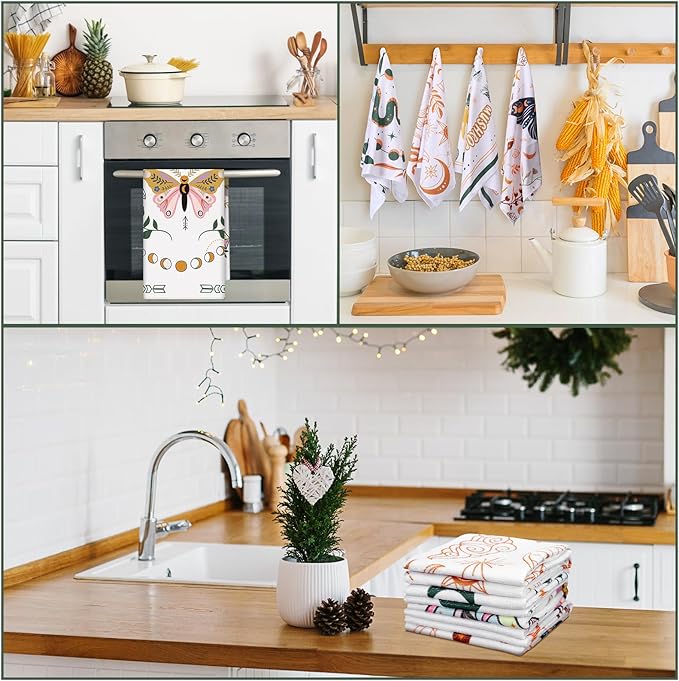 Zubebe 6 Pack Boho Kitchen Towels 18 x 28'' Mushroom Witchy Kitchen Towels Moon Celestial Absorbent Dishcloth Decor Gifts for Farmhouse Home Decorations