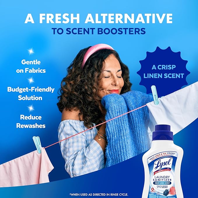 Lysol Disinfectant Laundry Sanitizer & Scent Booster, Laundry Detergent Additive, Color Safe Bleach Alternative, Laundry Odor Eliminator, Kills Bacteria & Viruses, Crisp Linen Scent, 41 Fl Oz Liquid