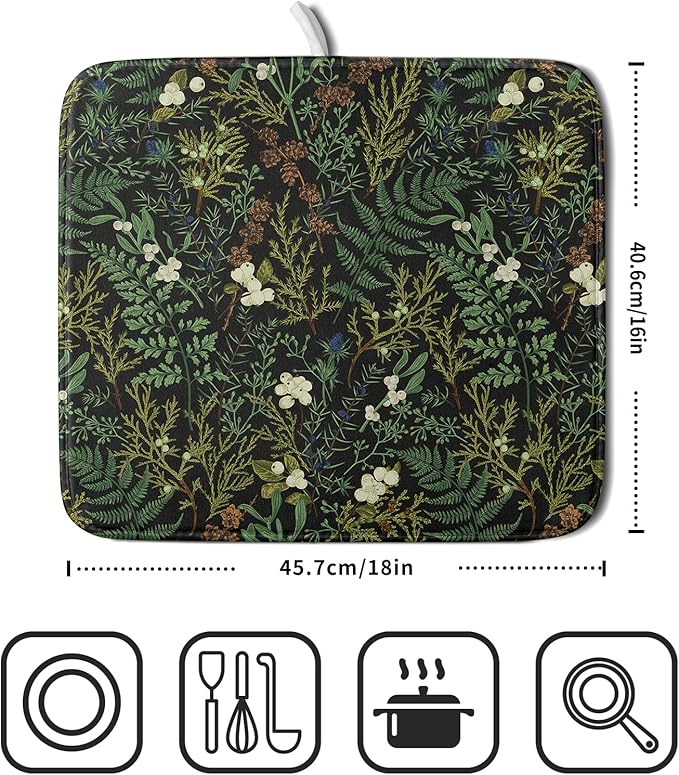 Black Sage Green Plant Dish Drying Pad 16 x 18 Inch with Absorbent Reversible Microfiber Vintage Botanical Fern Leaves Floral Drying Mats For Kitchen Counter Dining Room Decoration