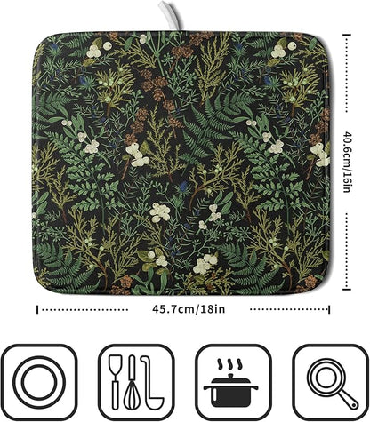 Black Sage Green Plant Dish Drying Pad 16 x 18 Inch with Absorbent Reversible Microfiber Vintage Botanical Fern Leaves Floral Drying Mats For Kitchen Counter Dining Room Decoration