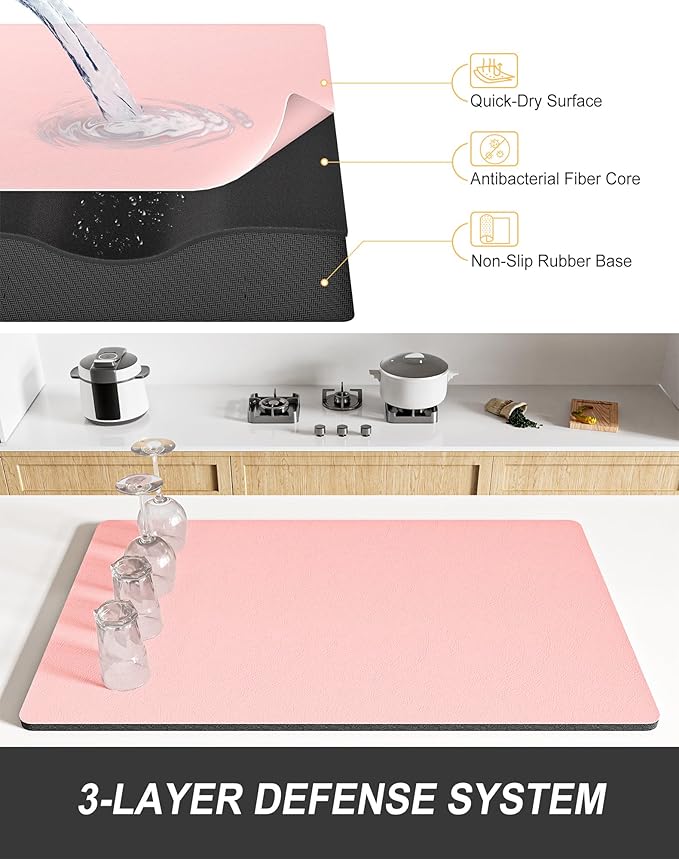 Rnivvi Dish Drying Mat for Kitchen Counter, 12 x 19" Super Absorbent Drainer Pad Easy Clean Dish Rack Pad, Non-Slip Heat Resistant Coffee Bar Mats for Coffee Machine Station Accessories Decor, Pink