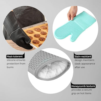 Restaurantware 2-Piece Silicone Oven Mitts Set 1 Case of 13.98 x 7.28 x 1.57 Inches Cotton Lined Heat Resistant Gloves, Slip-Resistant Waterproof Oven Gloves, Gray Cooking Mitts for Baking and BBQ