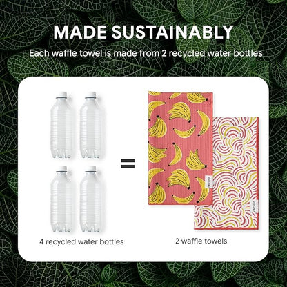 RECYCO Waffle Kitchen Towel Set of 2 - Quick Dry Microfiber Sustainable Dish Towels - Ultra Absorbent Reusable Cleaning Tea Towels - Lightweight Hand Towels,16”x 28”, Banana Joy