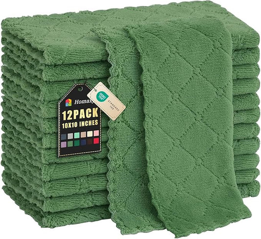 Homaxy 12 Pack Kitchen Dish Cloths (10 x 10 Inches, Grass Green), Super Soft and Absorbent Coral Velvet Dish Towels, Nonstick Oil Fast Drying Microfiber Cleaning Cloth, No Lint Household Dishcloths