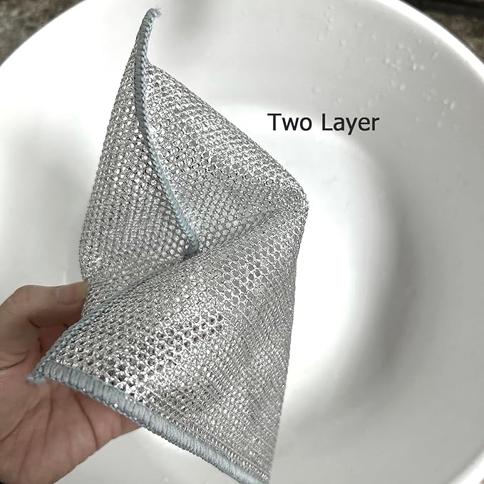 YinQin 5 PCS Double Layer Stainless Steel Scrubber Wire Dishwashing Cloth Non Scratch Stainless Steel Mesh Dish Cleaning Cloth 20x20 cm Metallic Wire Cleaning Rag Towel for Kitchen Dish Sink Stove Top