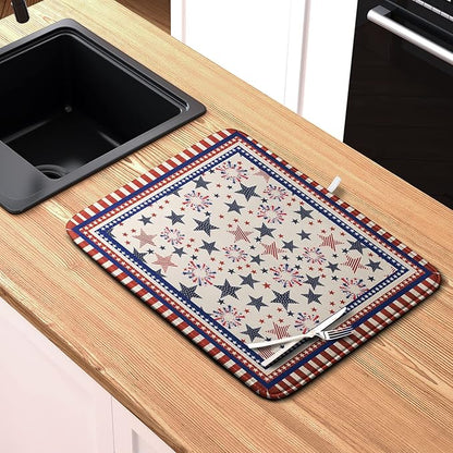 Happy 4th of July Patriotic Dish Drying Mat 16 x 18 Inch US Independence Day Vintage Star Kitchen Drying Mat Blue White Red Dish Drainer Mats Super Absorbent Dish Rack Pad for Coffee Bar Sinks