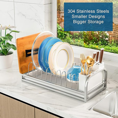 Dish Drying Rack for Small Kitchen Counter, 304 Stainless Steel Small Dish Rack w Utensil Holder & Tray for Limited Space, Rustproof Narrow Dish Rack for Pot & Pan, Plate, Lid (Silvery)