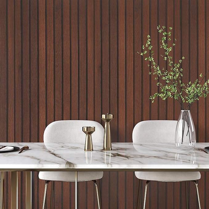 VEELIKE Wide Dark Walnut Wood Slat Peel and Stick Wallpaper Wood Contact Paper for Accent Walls Kitchen Island 24''x118'' Self Adhesive Renter Friendly Slatted Wall Panel Covering for Bedroom Bathroom