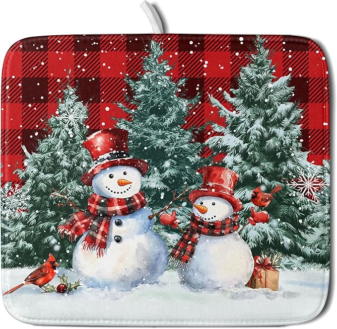 Christmas Snowman Dish Drying Mat for Kitchen Counter Xmas Trees Snowflake Buffalo Plaid Drying Mat 16x18 Inch Winter Holiday Absorbent Dish Drainer Mat Christmas Kitchen Accessories