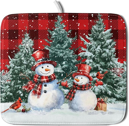 Christmas Snowman Dish Drying Mat for Kitchen Counter Xmas Trees Snowflake Buffalo Plaid Drying Mat 16x18 Inch Winter Holiday Absorbent Dish Drainer Mat Christmas Kitchen Accessories