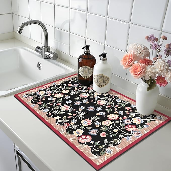 LOKHOM Floral Dish Drying Mat, 12"x20" Super Absorbent Non-slip Bordered Coffee Mat with Oil Painting Black Floral, Cuttable Hide Stain Drying Mat for Kitchen Counter Coffee Maker Espresso Machine
