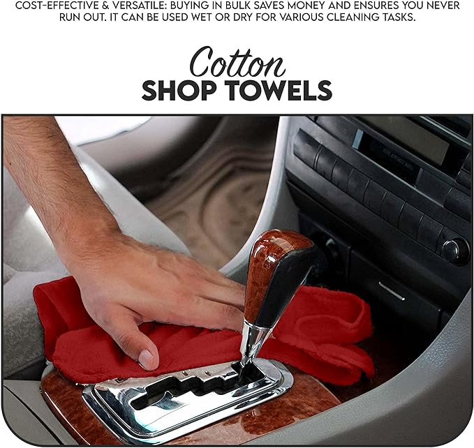 Cotton Shop Towel – Multipurpose Cleaning Cloths (14" x 12" - Pack of 100 - Red) Reusable Shop Rags for Automobiles, Industrial, Restaurants, Garage, and Homes