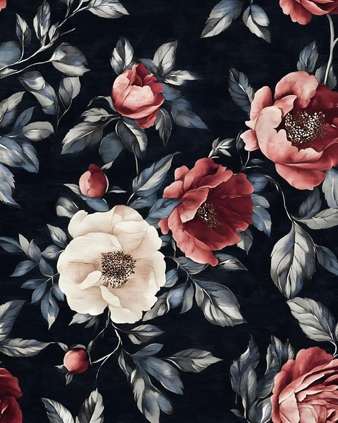 Fvlow Black Floral Wallpaper Peel and Stick 17.4" x 118" Dark Floral Contact Paper Red and White Flowers Vintage Waterproof Self Adhesive Covering for Bedroom Cabinet Bathroom Home Decor