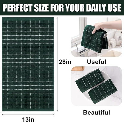Homaxy 100% Cotton Terry Kitchen Towels(Blackish Green, 13 x 28 inches), Checkered Designed, Soft and Super Absorbent Dish Towels, 8 Pack