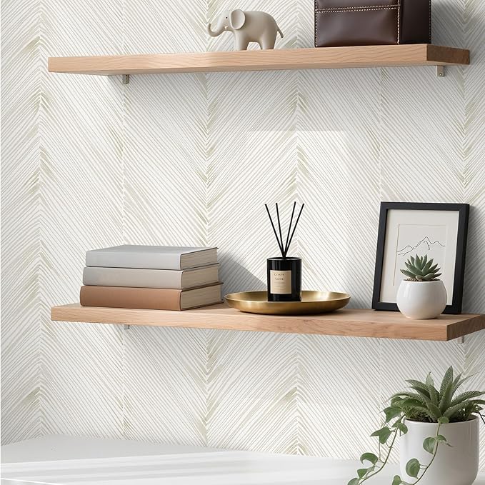 Modern Peel and Stick Wallpaper A Set of 17.3"x200" Beige Herringbone Striped Wall Paper Boho Self-Adhesive Removable Contact Paper for Cabinets Bathroom Bedroom Wall Decor