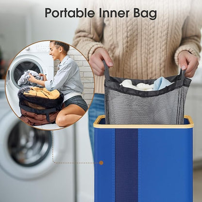 Laundry Basket Clothes Hamper with Lid and Pocket Large Collapsible Laundry Baskets with Handle, Blue Freestanding Hampers for Bedroom Aesthetic, Dorm, Bathroom, Laundry Room (80L)