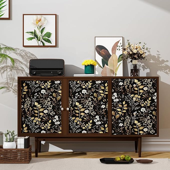 Laatse Boho Wallpaper Peel and Stick Dark Floral Wallpaper 17.5in x393in Vintage Leaf Contact Paper Vinyl Waterproof Self Adhesive Golden Leaf Botanical Wall Paper for Cabinet Table Drawer Decor