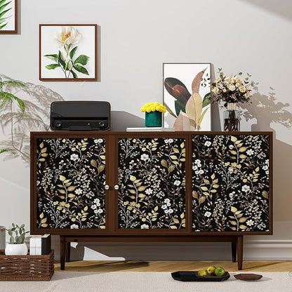 Laatse Boho Wallpaper Peel and Stick Dark Floral Wallpaper 17.5in x393in Vintage Leaf Contact Paper Vinyl Waterproof Self Adhesive Golden Leaf Botanical Wall Paper for Cabinet Table Drawer Decor