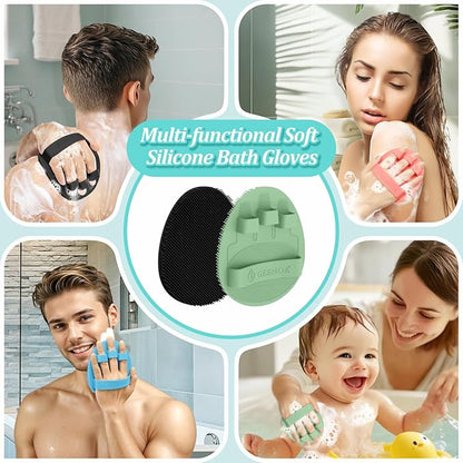 New Silicone Shower Scrubber with Straps, 360° Anti-Slip & Enlarged Body Scrubber for Rich Foaming Deep Cleaning, Revolutionary No-Grip & Hand-fit Bath Glove for All Skin Types(Black+Green)