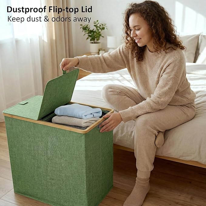 efluky Laundry Hamper with Lid, Double Laundry Hamper with 2 Removable Bags, 2 Section Laundry Basket with Bamboo Handles for Bathroom, Bedroom & Laundry Room,140L Green