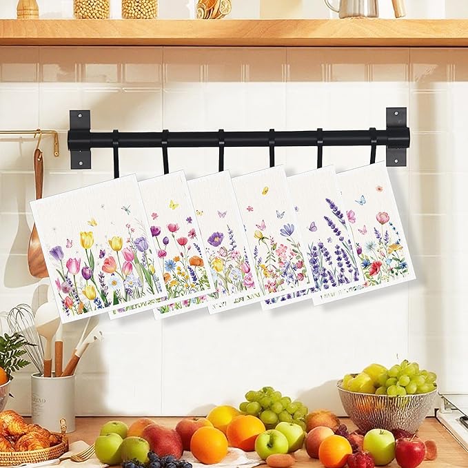 Spring Swedish Dishcloths for Kitchen, 6 Pack Floral Swedish Dish Cloths Reusable Washable Absorbent Sponge Kitchen Towels for Spring Summer Seasonal Decorations Housewarming Gifts