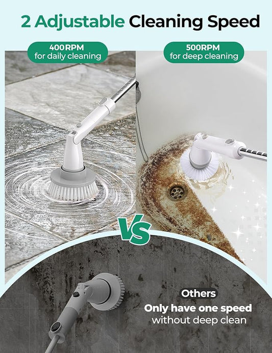 kHelfer Electric Spin Scrubber, 2025 New Shower Scrubber 8 Replacement Head, 1.5H Cordless Bathroom Scrubber Dual Speed, Shower Cleaning Brush with Extension Arm for Bathtub Tile Floor