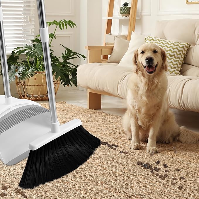 Broom Dustpan Set, Broom with Dustpan Combo Set with Adjustable Handle Broom Suitable for Home Office Kitchen Lobby Dust Pan Teeth to Automatically Clean Hair