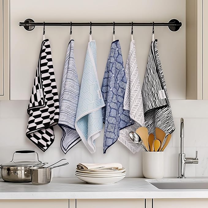 RECYCO Waffle Kitchen Towel Set of 2 - Quick Dry Microfiber Sustainable Dish Towels - Ultra Absorbent Reusable Cleaning Tea Towels - Lightweight Hand Towels,16”x 28”, Black & White Mirage