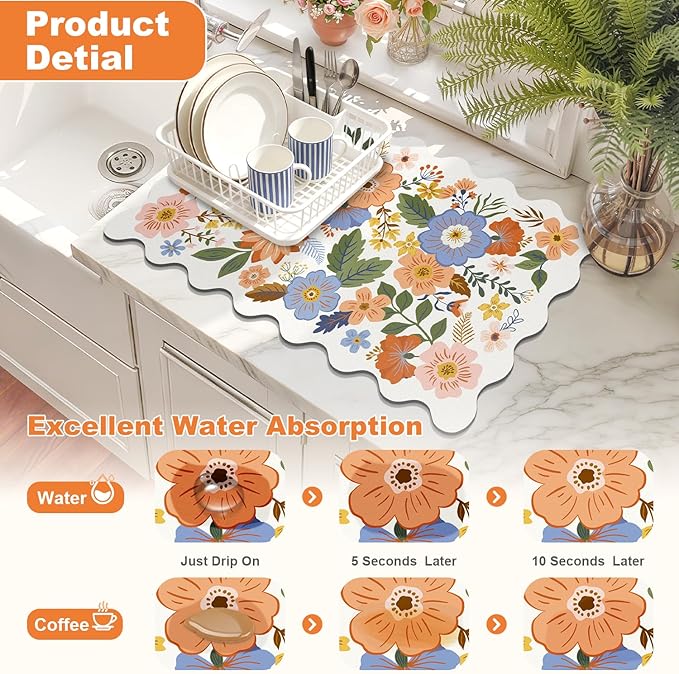 LOKHOM Scalloped Floral Dish Drying Mat, 18"x24" Super Absorbent Coffee Mat with Unique Spring Wildflowers, Cuttable Hide Stain Non-slip Drying Mat for Kitchen Counter Coffee Maker Espresso Machine