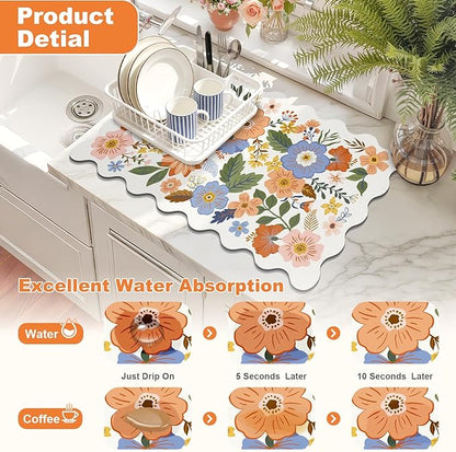 LOKHOM Scalloped Floral Dish Drying Mat, 12"x20" Super Absorbent Coffee Mat with Unique Spring Wildflowers, Cuttable Hide Stain Non-slip Drying Mat for Kitchen Counter Coffee Maker Espresso Machine