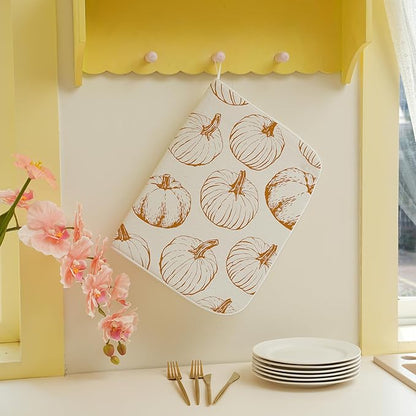 Fall Dish Drying Mat 18x24 Inches For Kitchen Counter,Orange Burnt Pumpkin Kitchen Decor Drying Mat Decorative Autumn Thanksgiving Drying Pad for Home Kitchen,Dining Room,Office Decoration