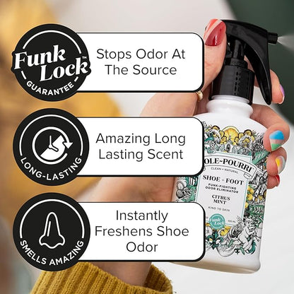 Sole-Pourri Shoe Deodorizer + Foot Spray, 3.4 Fl Oz, Up to 150 Uses, Funk-Fighting Odor Freshener with Essential Oils, for Smelly Shoes, Feet & Gym Bags, Citrus & Mint Scent