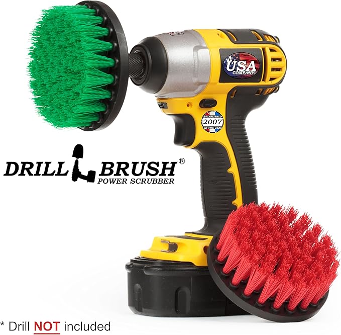 Drill Brush - Indoor/Outdoor Medium and Stiff 4-inch Round - Spin Brush - Combo Kit - Cleaning Supplies - Stove, Oven, Sink - Grout Cleaner - Outdoor Rug - Deck Brush - Algae, Mold, Mildew, and Moss