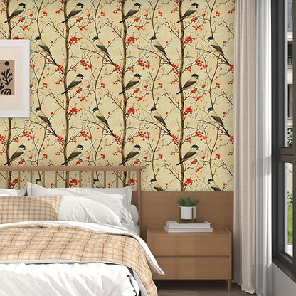 Vintage Bird Wallpaper Peel and Stick, Yellow/Red Botanical Fruits Contact Paper, Retro Floral Wall Paper Self Adhesive Removable Waterproof for Bedroom Walls Shelves Cabinet Drawer Table 17.5" x 118"