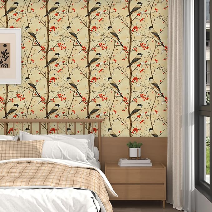 Yellow Bird Wallpaper Peel and Stick, Vintage Tree Botanical Contact Paper 17.5" x 393", Retro Floral Fruits Wall Paper Self Adhesive Removable Waterproof for Bedroom Walls Shelf Cabinet Drawer Table