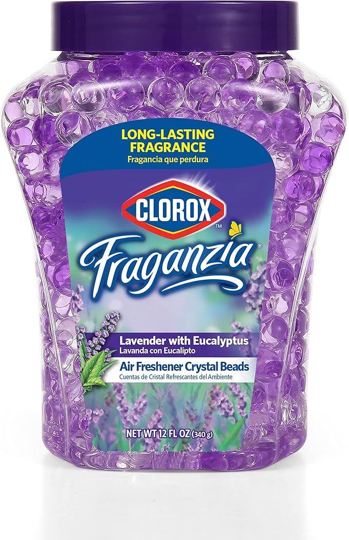 Clorox Fraganzia Crystal Beads Air Freshener, Long Lasting Room Deodorizer and Odor Eliminator Gel Beads to Freshen Home, Car, or Office, Lavender with Eucalyptus Scent, 12 Fl Oz