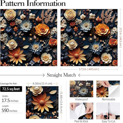 FunStick 17.5"x590" Navy Blue Floral Peel and Stick Wallpaper Vinyl Floral Wall Art Elegant Wallpaper Renter Friendly Faux 3D Embossed Flower Beige Orange Blue Contact Paper Self Adhesive Accent Walls