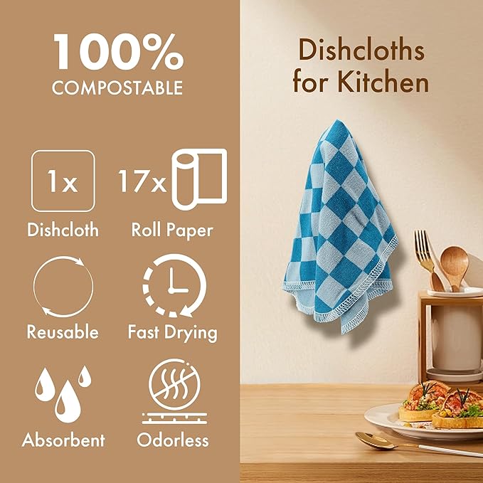 Reusable Paper Towel Rolls 20 Pack,Washable Napkin Cloth Value Set of 20 Pack of Paperless Towel-100% Cotton, Super Soft, Absorbent Made to Last (Checkerboard, 9.84 * 11.81)