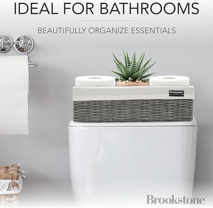 Brookstone Wicker Storage Basket Two Pack Set, Bathroom and Closet Organizers and Storage Bins with Fabric Liner, Grey