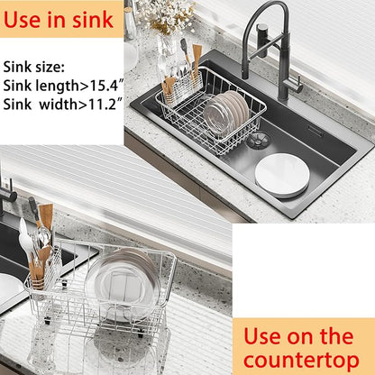 NiuYichee Stainless Steel Dish Drying Rack(15.2"L X 11"W X 5.3"H), Expandable Fruit & Vegetable Drain Rack over Sink, Dish Drainer Rack in Sink, with Stainless Steel Utensil Holder & Silicone Mat(16")