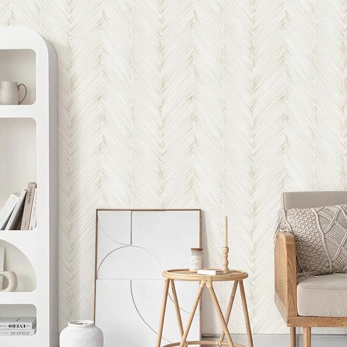 Modern Peel and Stick Wallpaper 17.3"x120" Beige Herringbone Striped Wall Paper Boho Self-Adhesive Removable Contact Paper for Cabinets Bathroom Bedroom Wall Decor