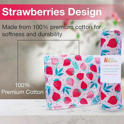 Pack of 10 Reusable Paper Towels | 10x10 Inch Cotton Towels | Kitchen Utensils Print | Eco Friendly, Washable, Quick Drying | Sustainable Cleaning Cloths | Strawberries