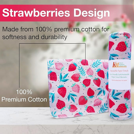 Pack of 10 Reusable Paper Towels | 10x10 Inch Cotton Towels | Kitchen Utensils Print | Eco Friendly, Washable, Quick Drying | Sustainable Cleaning Cloths | Strawberries
