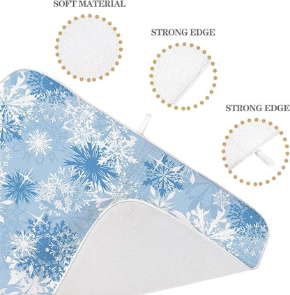 Christmas Dish Drying Mat 18x24 Inch Blue White Snowflake Winter Drying Mat Winter Xmas Holiday Absorbent Dish Drying Pad Dish Rack Drainer Mats for Kitchen Dining Counter